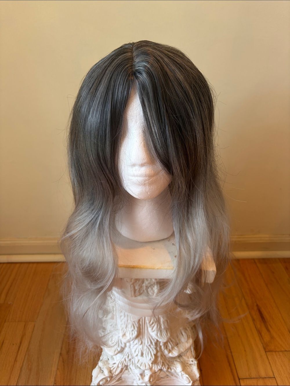 Gray to Silver Ombre Long Wavy Women’s Wig with Curtain Bangs